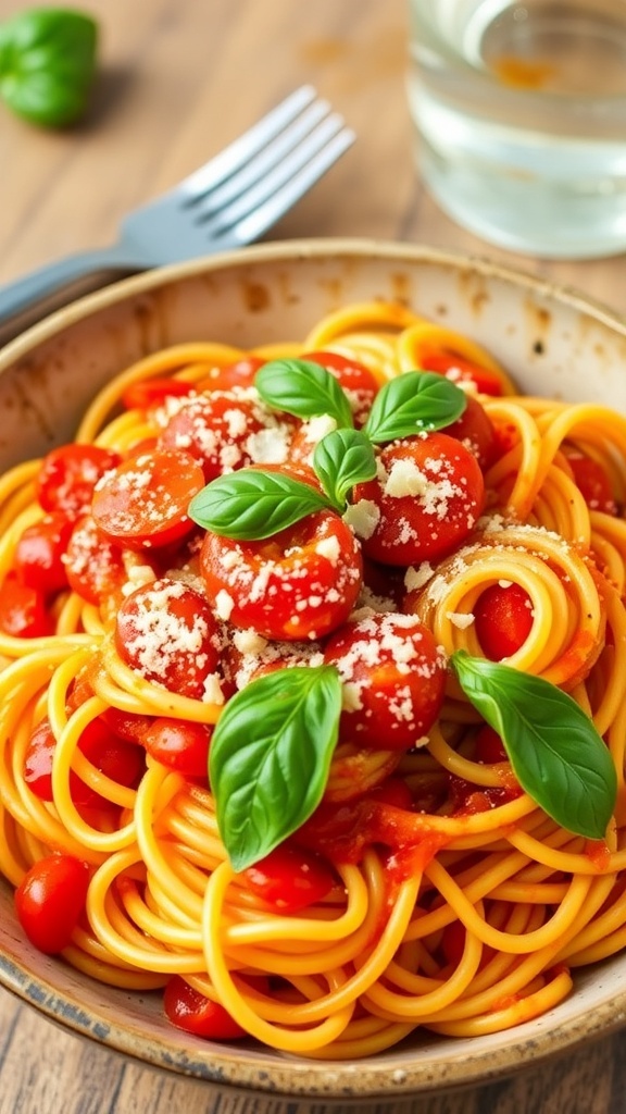 Tomato Basil Pasta Recipe A bowl of tomato basil pasta with spaghetti, fresh tomatoes, and basil, garnished with Parmesan cheese.